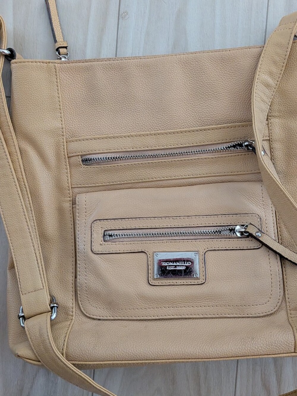 Tignanello Tan Leather Messenger Bag with Front Zip Pockets